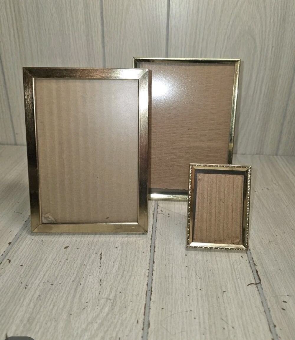 Vintage MCM Metal Brass Picture Frames Freestanding Wall Hanging Gold Set Of 3